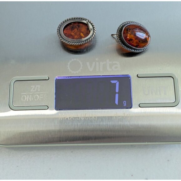 Sterling Silver 925 Amber Oval Stud Earrings Retro Chic Jewelry - Picture 4 of 11